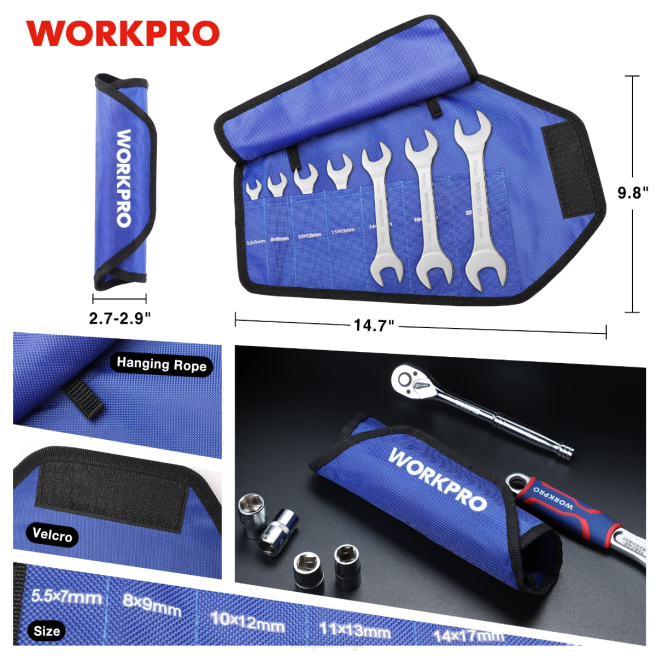 WORKPRO 7 st metriska supertunna skiftnyckelset med roll-up arrangörspåse hjälpsam 0ZLD96 verktyg