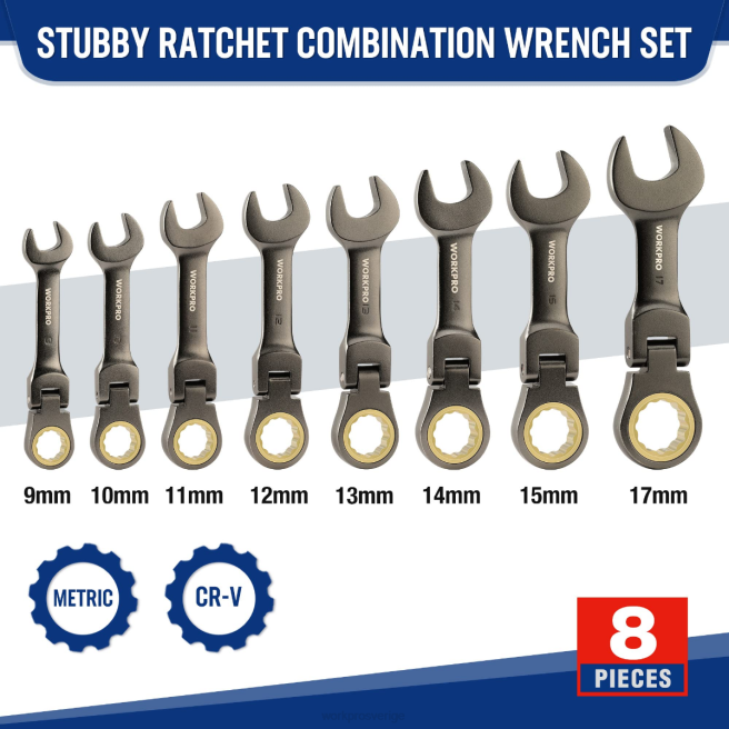 WORKPRO 8 st flex-head stubbig spärrnyckelsats ny 0ZLD82 verktyg