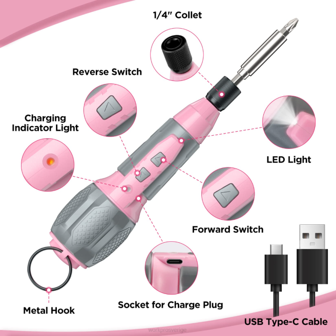 WORKPRO sladdlös 4v usb uppladdningsbart litiumjonbatteri skruvmejselsats rosa/vit 0ZLD236 verktyg