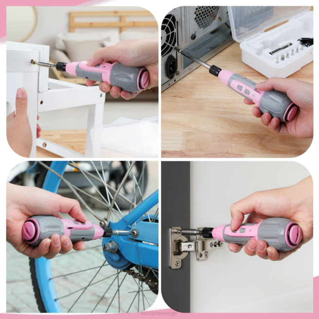 WORKPRO sladdlös 4v usb uppladdningsbart litiumjonbatteri skruvmejselsats rosa/vit 0ZLD236 verktyg