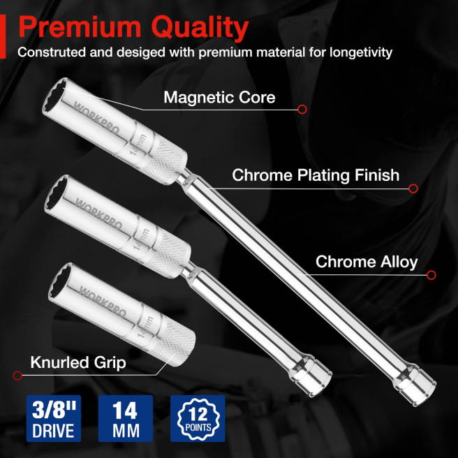 WORKPRO 3 st-14 mm tunt vägguttag med 6- och 10-tums förlängningar magnetiskt svängbart tändstiftsuttag hjälpsam 0ZLD143 verktyg