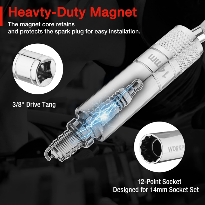 WORKPRO 3 st-14 mm tunt vägguttag med 6- och 10-tums förlängningar magnetiskt svängbart tändstiftsuttag hjälpsam 0ZLD143 verktyg