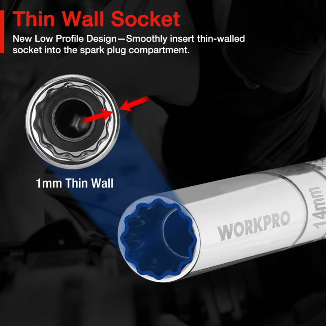 WORKPRO 3 st-14 mm tunt vägguttag med 6- och 10-tums förlängningar magnetiskt svängbart tändstiftsuttag hjälpsam 0ZLD143 verktyg