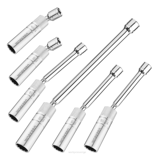 WORKPRO 6 st-9/16-tums, 5/8-tums, 13/16-tums, 14 mm tunna vägguttag med 4, 6, 11-tums förlängningar magnetiskt svängbart tändstiftsuttag ny 0ZLD139 verktyg