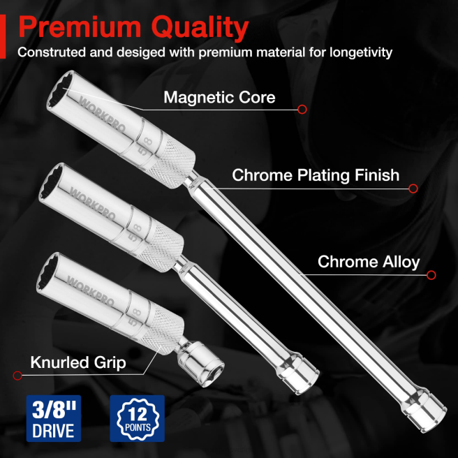 WORKPRO 6 st-9/16-tums, 5/8-tums, 13/16-tums, 14 mm tunna vägguttag med 4, 6, 11-tums förlängningar magnetiskt svängbart tändstiftsuttag ny 0ZLD139 verktyg