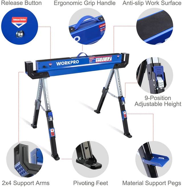 WORKPRO 2 st hopfällbar såghäst justerbar kraftig såghäst med 2x4 stödarmar, 3000 lbs lastkapacitet, 24-32 tum justerbara ben, svängbara fötter och stödpinnar ny 0ZLD35 lagring