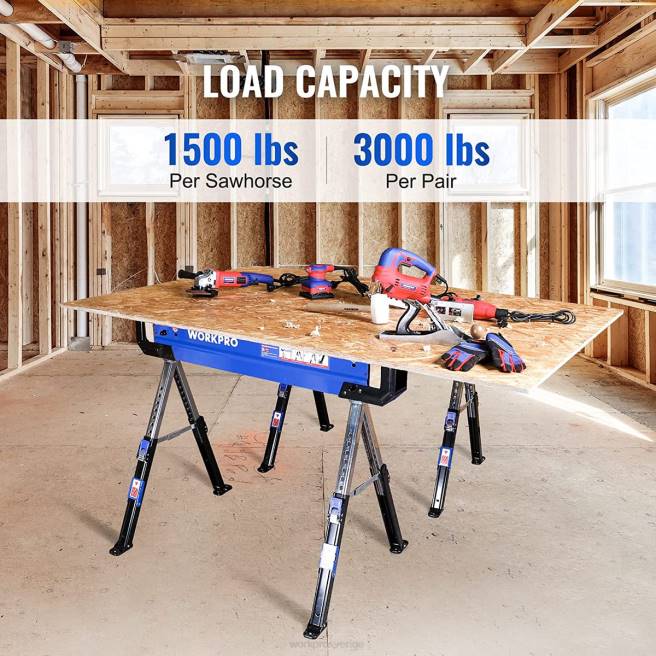 WORKPRO 2 st hopfällbar såghäst justerbar kraftig såghäst med 2x4 stödarmar, 3000 lbs lastkapacitet, 24-32 tum justerbara ben, svängbara fötter och stödpinnar ny 0ZLD35 lagring