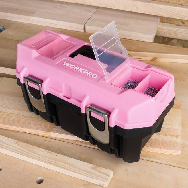 WORKPRO 16-tums verktygslåda, plastverktygslåda med metallspärr och avtagbar bricka rosa 0ZLD23 lagring