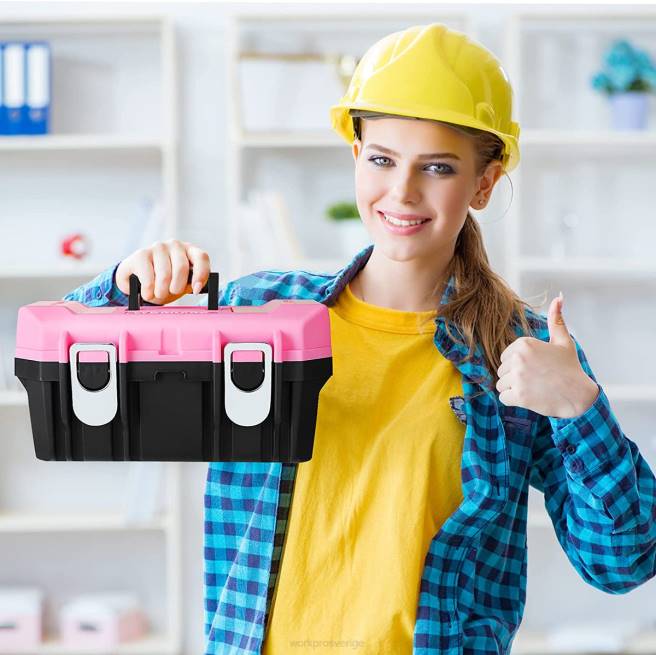 WORKPRO 16-tums verktygslåda, plastverktygslåda med metallspärr och avtagbar bricka rosa 0ZLD23 lagring