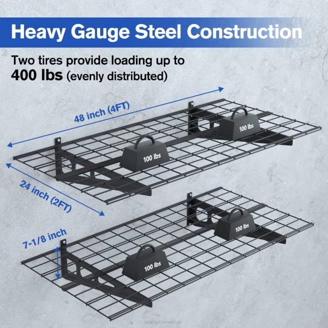 WORKPRO 2-pack 2x4ft tunga väggmonterade garagehyllor, 400lbs lastkapacitet (totalt) svart 0ZLD14 lagring