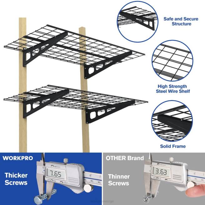 WORKPRO 2-pack 2x4ft tunga väggmonterade garagehyllor, 400lbs lastkapacitet (totalt) svart 0ZLD14 lagring