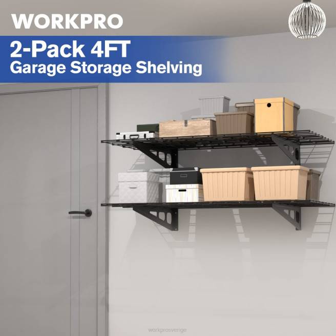 WORKPRO 2-pack 2x4ft tunga väggmonterade garagehyllor, 400lbs lastkapacitet (totalt) svart 0ZLD14 lagring