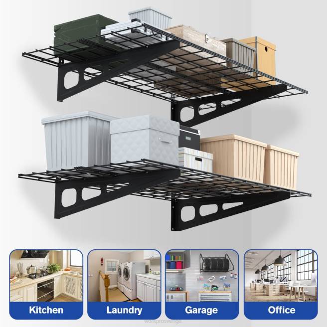WORKPRO 2-pack 2x4ft tunga väggmonterade garagehyllor, 400lbs lastkapacitet (totalt) svart 0ZLD14 lagring