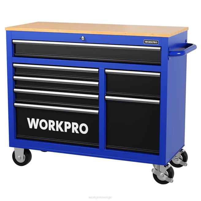 WORKPRO 42-tums 7-lådor rullande verktygslåda med träskiva, utrustad med hjul, handtag, lådfoder och låssystem, 1000 lbs lastkapacitet ny 0ZLD26 lagring