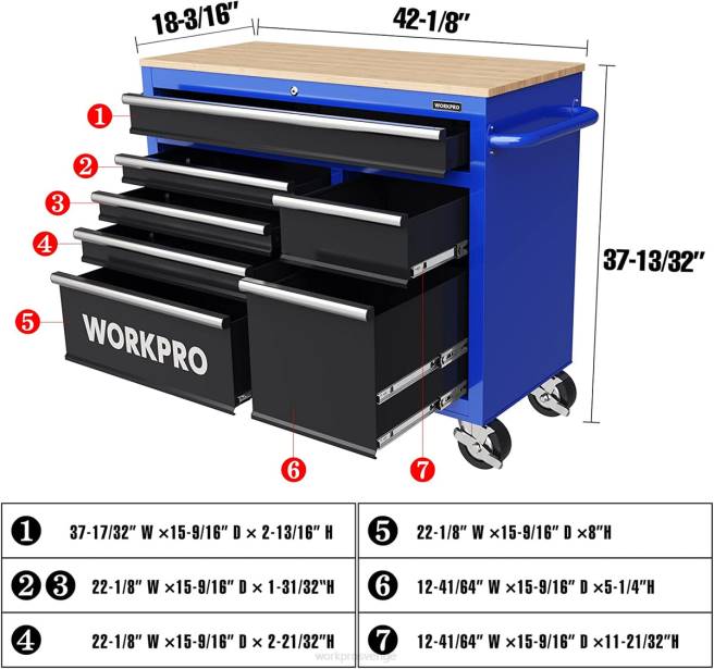 WORKPRO 42-tums 7-lådor rullande verktygslåda med träskiva, utrustad med hjul, handtag, lådfoder och låssystem, 1000 lbs lastkapacitet ny 0ZLD26 lagring