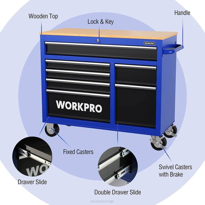 WORKPRO 42-tums 7-lådor rullande verktygslåda med träskiva, utrustad med hjul, handtag, lådfoder och låssystem, 1000 lbs lastkapacitet ny 0ZLD26 lagring