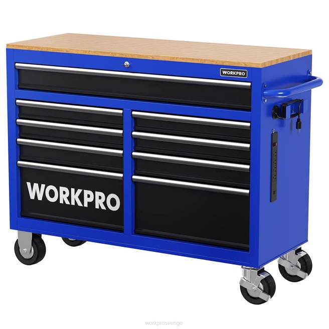 WORKPRO 46-tums 9-lådor rullande verktygslåda med träskiva, utrustad med hjul, handtag, lådfoder och låssystem, 1200 lbs lastkapacitet morden 0ZLD15 lagring