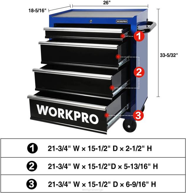 WORKPRO 4-lådors verktygslåda, 26-tums rullande metallverktygsförvaringsskåp med hjul, låssystem, lådfoder, 450 lbs lastkapacitet morden 0ZLD17 lagring