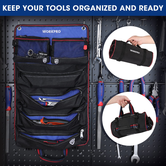 WORKPRO heavy duty verktyg roll up bag organizer med 6 fickor och löstagbara verktygsfickor ny 0ZLD32 lagring
